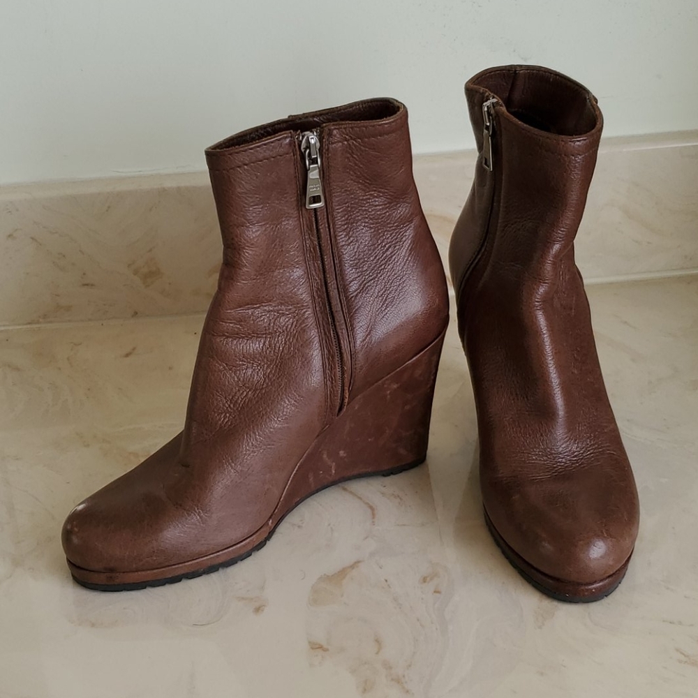 Prada Brown Leather Wedge Heel Boots Booties👢